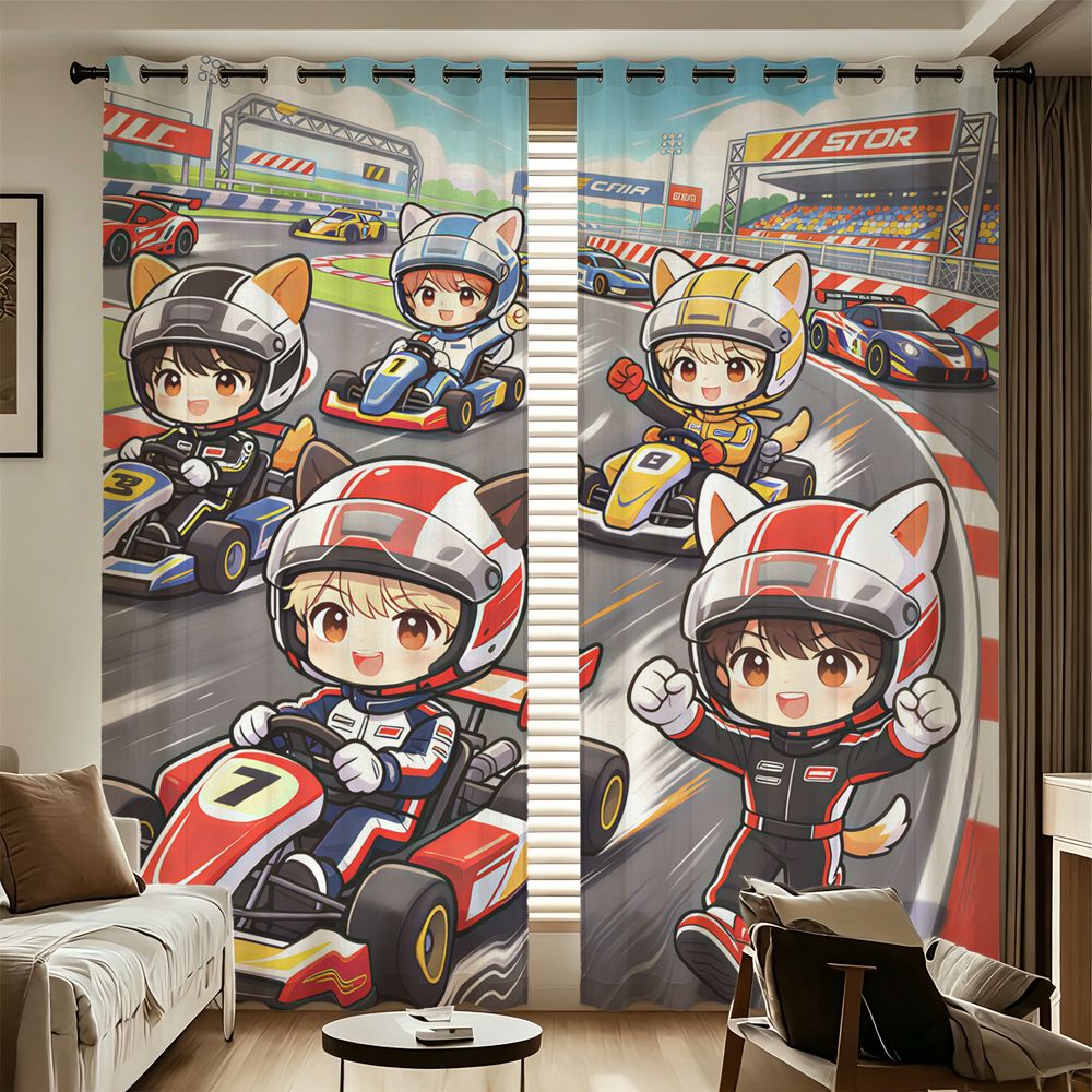 Decor Kart Lighting - ผ้าม่านพิมพ์ลายการ์ตูนการแข่งรถคาร์ท 2 แผง ป้องกันแสงได้ 85% ผ้าม่านตกแต่งห้องสไตล์สปอร์ต