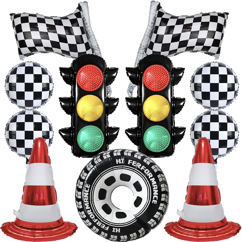 Lighting Mcqueen Birthday Decor - ของตกแต่งงานวันเกิดธีมรถแข่ง ไฟจราจร กรวยจราจร ธงลายตารางหมากรุก ล้อบอลลูน สำหรับเด็ก