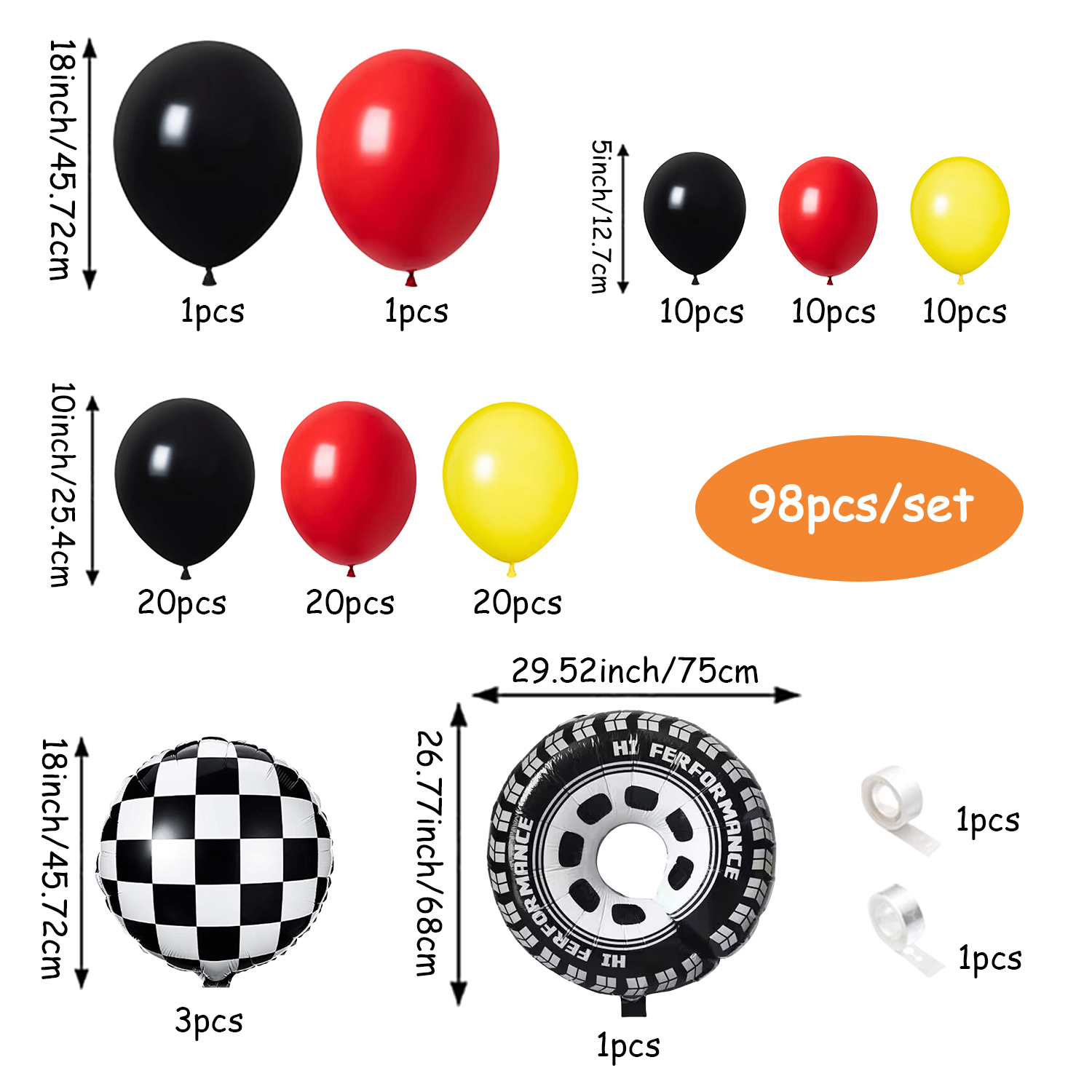 98 ชิ้นสีเหลืองและสีดํา All-In - Lighting Mcqueen Birthday Decor บทวิจารณ์และราคา