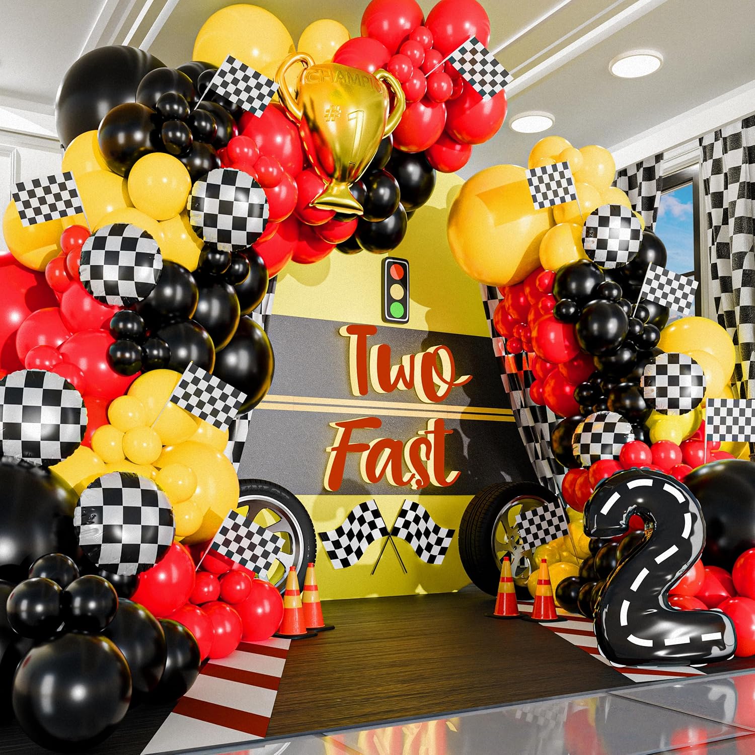 98 ชิ้นสีเหลืองและสีดํา All-In - Lighting Mcqueen Birthday Decor บทวิจารณ์และราคา